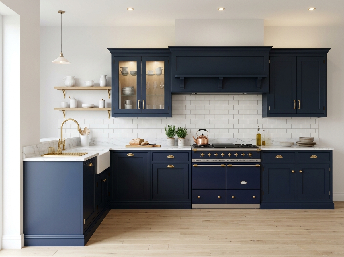 Navy Blue European Country Profile Kitchen with Golden Handles